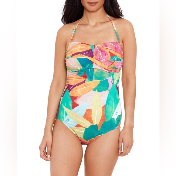 NWOT Time and Tru 1X Womens Strapless Tropical One Piece Swimsuit Green Ruched - Picture 1 of 7